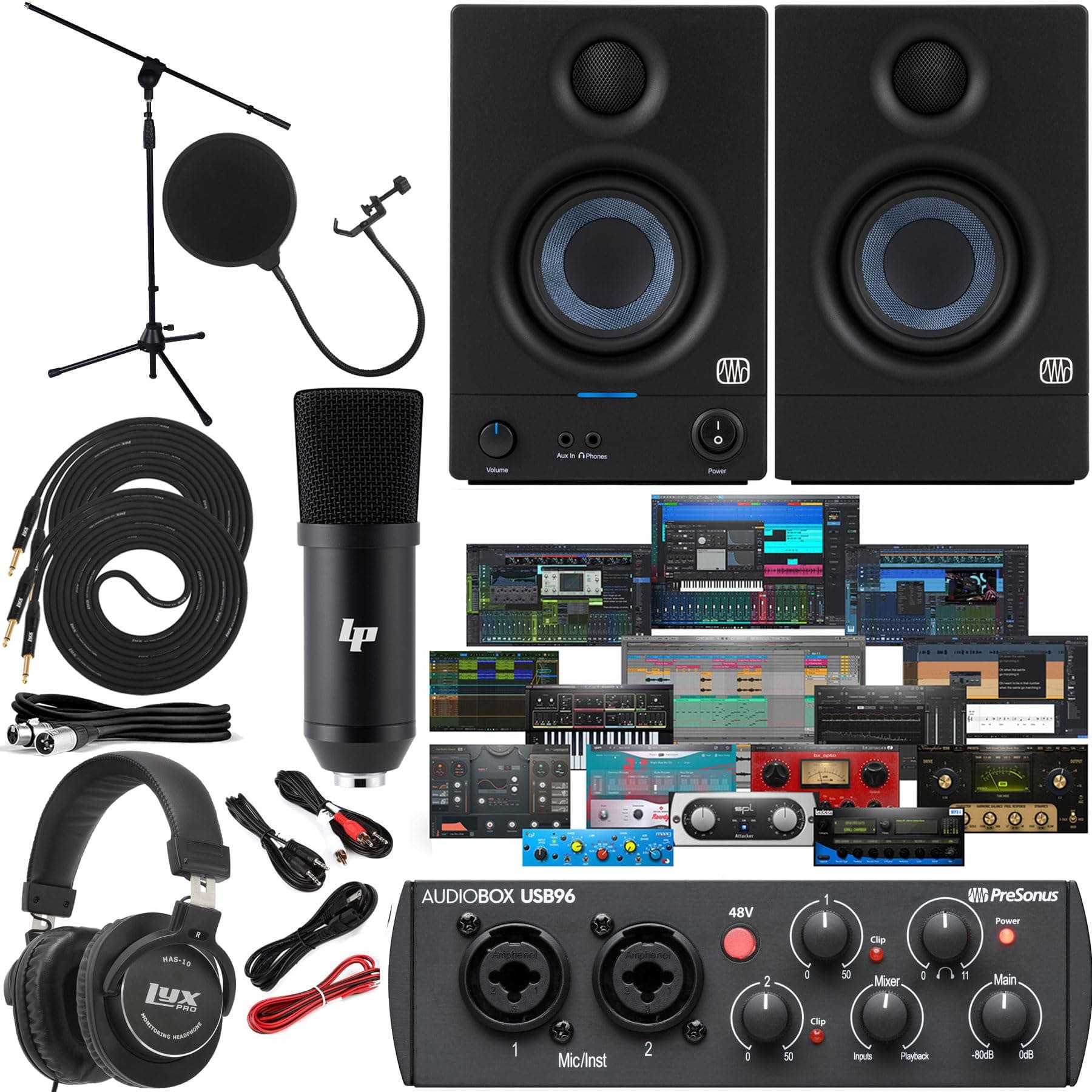 AudioBox 96 Audio Interface Studio Bundle with Eris 3.5 Monitors, Studio One Artist Software, XLR Mic, Pop Filter, Headphones & Cables