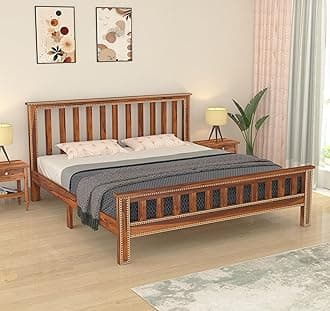 Wooden Queen Size Bed Without Storage | Double Bed Cot Bed with Traditional Brass Work for Bedroom & Hotel | Platform Bed/Palang | Sheesham Wood, Honey Finish, Recommended Mattress Size:78 X 60
