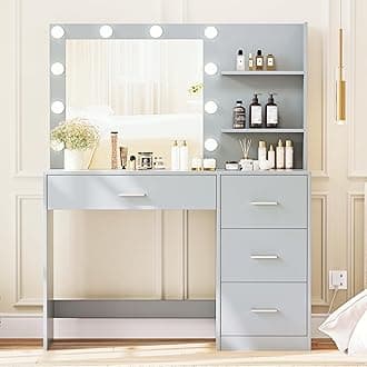 RovaurxMakeup Vanity Table with Lighted Mirror, Makeup Vanity Desk with Storage Shelf and 4 Drawers, Bedroom Dressing Table, 10 LED Lights, Gray