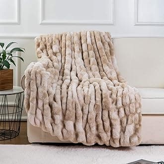 BATTILO HOME Ruched Luxury Faux Fur Throw Blanket Beige Tie-dye Rabbit Fur Blanket for Couch, Living Room, Fuzzy, Soft, Plush, Cozy, Elegant with Reversible Mink Blanket Beige, 60"x80"