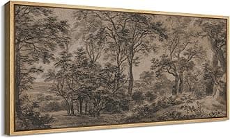 Extra Large Framed Canvas Print Wall Art Vintage Forest Landscape in Sepia Tones Illustrations Modern Art Calm Warm for Living Room, Bedroom, Office - 60"x30"