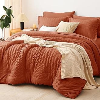 CozyLux Queen Seersucker Comforter Set with Burnt Orange Bed in a Bag 7-Piece All Season Bedding Set with Comforter, Pillow Sham, Flat Sheet, Fitted Sheet, Pillowcase