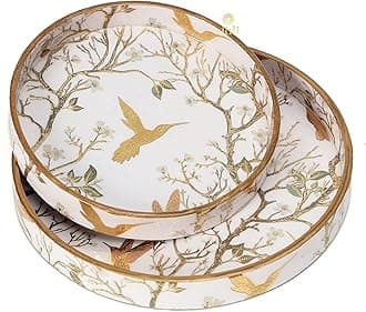 DULI Set of 2 MDF Wood Trays Enamel Coated| Round Trays Set of 2 | Serving Trays | Wooden Tray | Kitchen&Dining Decorative | Resin Tray | Handmade | 7x7 & 9x9 inches (Setof2Round: WhiteGoldBirds)
