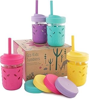 Elk and FriendsKids & Toddler Cups | The Original Glass Mason Jars 8oz with Silicone Sleeves & Silicone Straws with Stoppers | Smoothie Cups | Spill Proof Sippy Cups for Toddlers