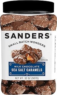 Sanders Milk Chocolate Sea Salt Caramels (32 oz Tub) – Handcrafted Small Batch Slow Cooked Caramel, Sea Salt Chocolate with Rich Indulgent Flavor, Sweet & Salty