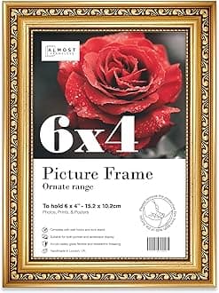 6x4 Gold Ornate Picture Frame 6"x4"(15.2x10.2cm) Poster, Photo, Artwork, or Print. Elegant Style Portrait and Landscape Display with Wall Hooks