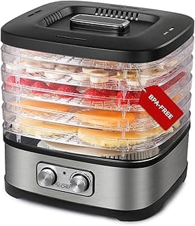 COMMERCIAL CHEF Food Dehydrator, 5 BPA-Free 10” x 9.25” Adjustable Height Trays, Stainless Dehydration Machine for Beef Jerky, Dehydrated Vegetables, Fruits and More, CHD200S, Black/Stainless Look