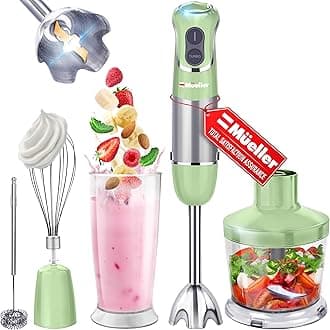 Mueller Multistick 800W 4-in-1 Immersion Blender Handheld, 12 Speed Hand Mixer - Turbo Boost, Heaviest Duty Copper Motor, Titanium Blades Hand Blender, Milk Frother Wand, Whisk, Beaker, Chopper, Green