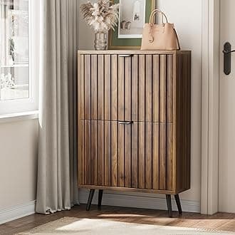Fluted Shoe Storage for Entryway, Walnut Hidden Cabinet with Metal Legs, Organizer with Flip Doors, Slim Entryway Storage