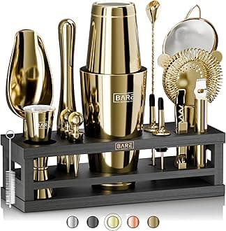 BARE BARREL® Cocktail Making Kit | 16-Piece Bartender Kit Cocktail Shaker Set Maker | Bamboo Display Stand & 35 Recipe Cards | Mixology Cocktail Gift Set (800ml/28oz Boston Shaker, Gold/Black)
