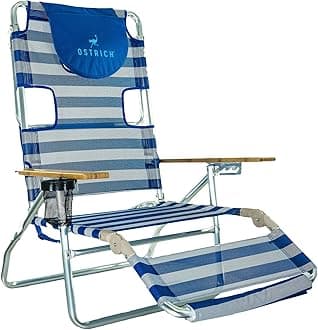 Ostrich the Original 3N1 Lightweight Beach Reclining Lounge Chair with Footrest, Outdoor Furniture for Patio, Balcony, Backyard, or Porch, Blue Stripe