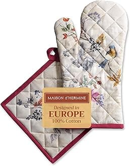 Maison d' Hermine Equinoxe 100% Cotton Set of Oven Mitt (19cm x 33cm) and Pot Holder (20cm x 20cm) for BBQ | Cooking | Baking | Grilling | Microwave | Barbecue | Thanksgiving/Christmas (Beige)