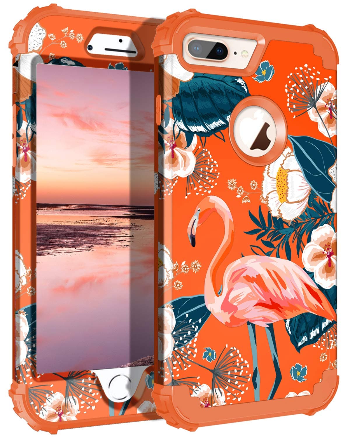 Casetego Compatible with iPhone 8 Plus Case,iPhone 7 Plus Case,Floral Three Layer Heavy Duty Hybrid Sturdy Shockproof Protective Cover Case for Apple iPhone 8 Plus/7 Plus,Flamingo