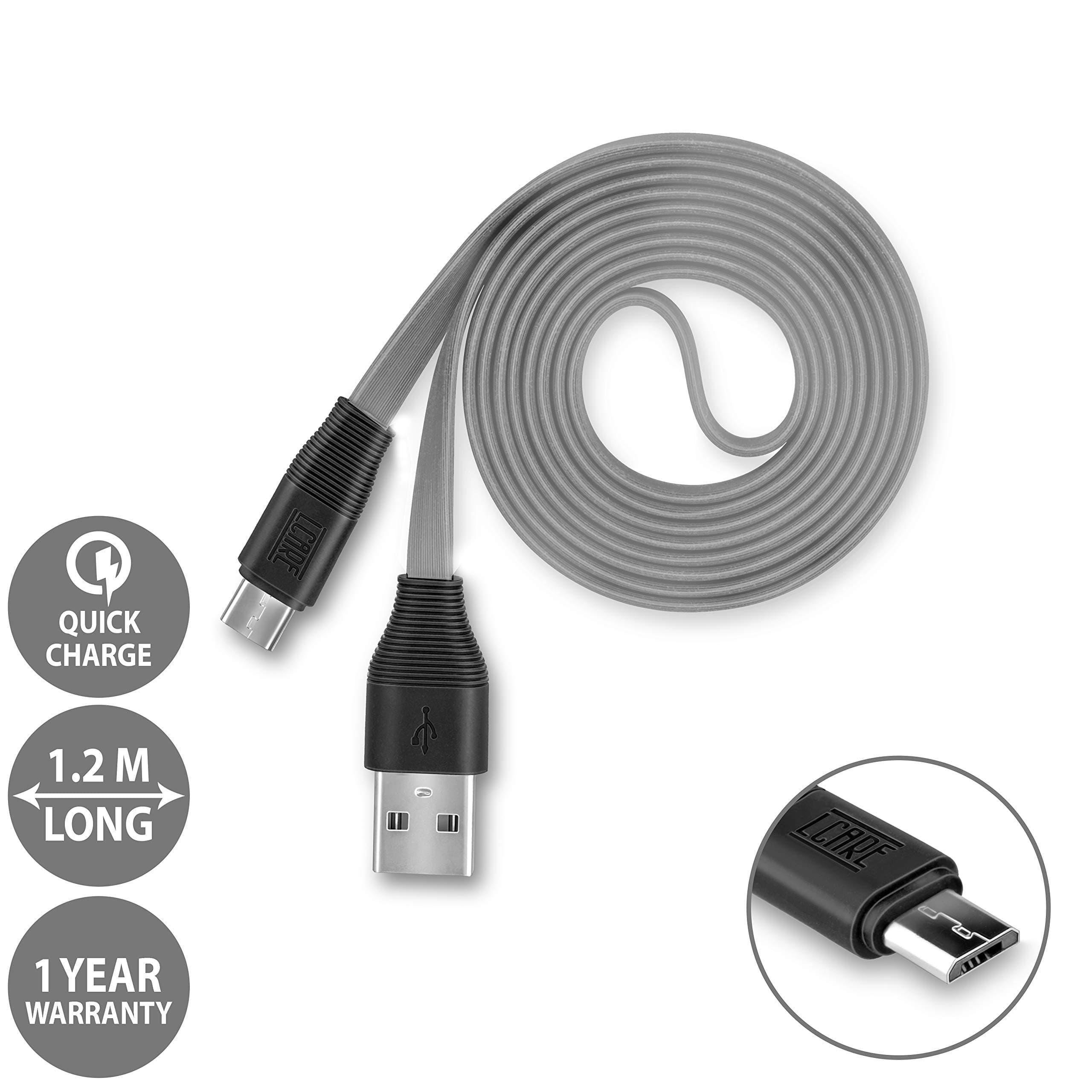 LCARE Micro USB Data Cable Quick/Turbo Charging 2.4A Support 1.2 Meter Black+Gray, 1 Year Warranty