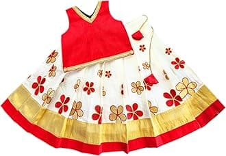 Stanwells Kids Lehenga Choli For Girls Floral Pattern Traditional Dress Ethnic Wear For Baby Girls Peacock Cotton Silk Kerala South Indian Pattu Pavadai Lehenga for Kids