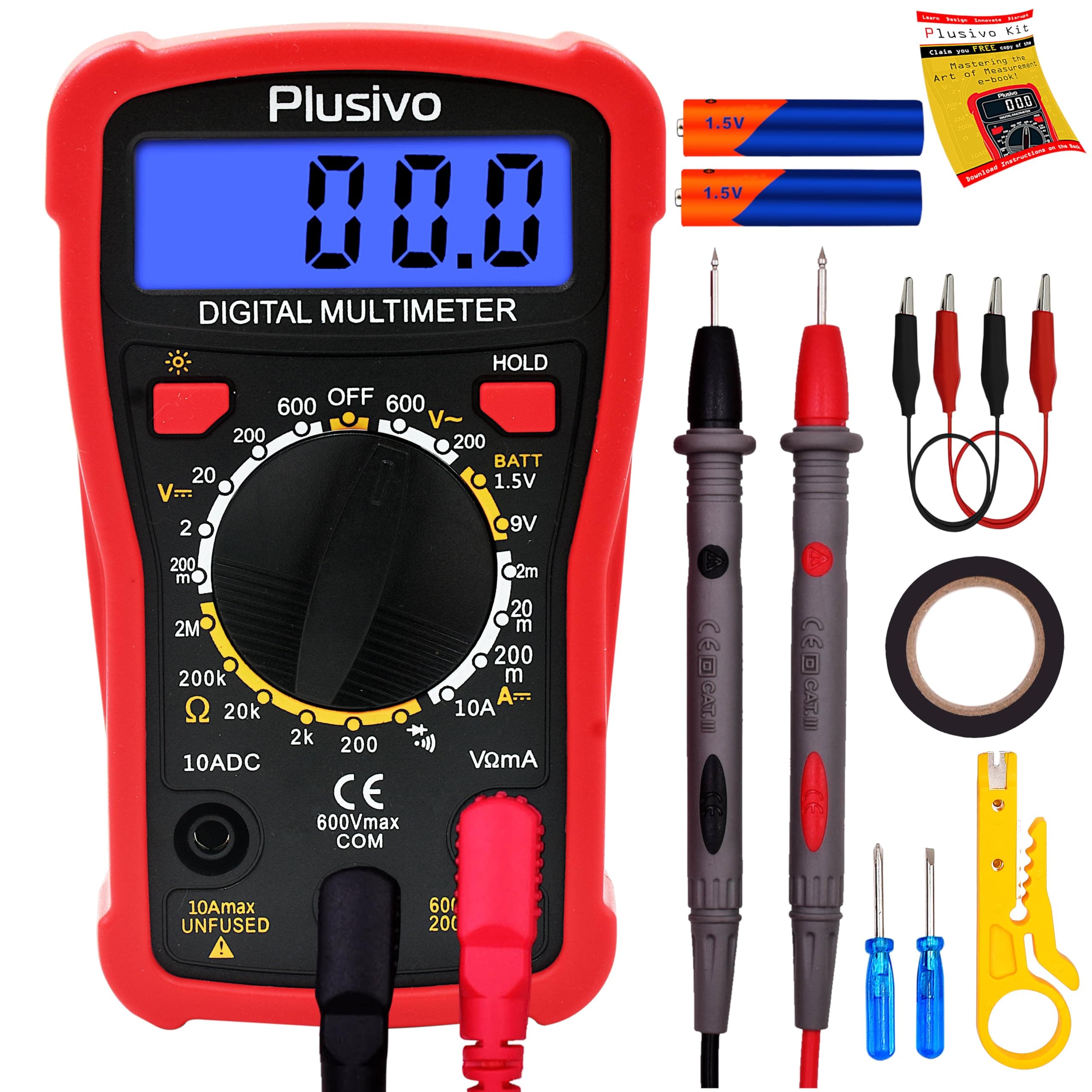 Plusivo Digital Multimeter Tester 2000 Counts AC DC Voltmeter Ohm Volt Amp Multi Meter Measures Voltage, Resistance, Current, Continuity, Tests Battery and Diode with Test Probes for Electricians