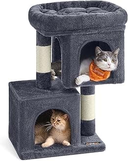 Feandrea Cat Tree, 26.4-Inch Cat Tower, Plush Condo for Kittens up to 7 lb, Large Perch, 2 Caves, Scratching Post, Smoky Gray UPCT611G01