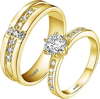 S925/10K 14K 18K Gold Couple Ring Sets, Round Cut Moissanite Couple Wedding Rings Set for Men and Women, Customized His and Hers Matching Promise Bands Engraving for Anniversary Engagement