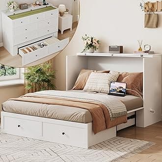 LIVAUVEAD Full Size Murphy Bed with Charging Station & Drawer, Full Size Mobile Cabinet Bed Frame, Murphy Chest Bed for Bedroom, Guest Room
