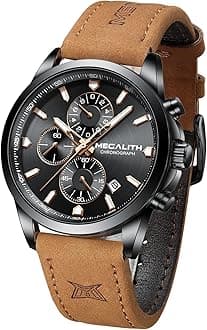 MEGALITH Mens Watches Sport Chronograph Brown Leather Wrist Watch Men Waterproof Quartz Analogue Watches Date Luminous