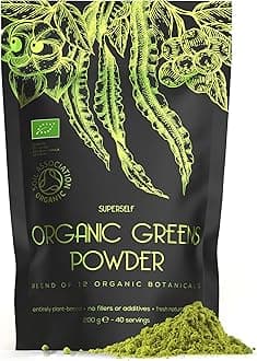SuperSelf Organic Super Greens Powder - No Additives - 12 Supergreens - Daily Superfood Green Powder with Matcha, Spirulina, Wheatgrass, Chlorella, Acai - 40 Servings - High in Vitamins Protein Fibre