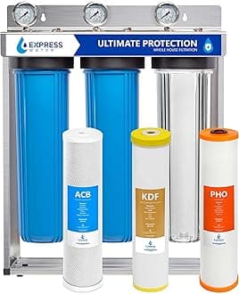Express Water 3-Stage Whole House Water Filter System, Reduces Heavy Metals, Scale, Chloramine, Chlorine, PFAs, Lead & Arsenic, Free-standing Stainless Steel Frame & 3 Pressure Gauges
