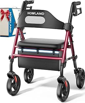HOMLAND Foldable Rollator Walkers with Seat for Seniors, 8'' Big Wheels, 350 lb. Weight Capacity, Adjustable Handles and Seat Height, Lightweight Rolling Walker, Red