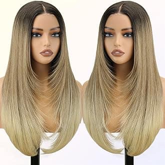 - NOSTALGIA Ombre Blonde Wear and Go Glueless Wigs Pre Plucked Pre Cut for Beginners Synthetic Lace Front Wigs With Bangs Blonde Long Layered Straight Wigs