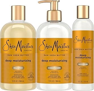 SheaMoisture Deep Moisturizing Hair Care 3 Count Raw Shea Butter For Curly, Dry and Damaged Hair Sulfate Free Shampoo and Conditioner, Hair Detangler with Sea Kelp and Argan Oil