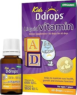 Ddrops® Kids Organic Liquid Vitamins – Daily Vitamins A&D Drops for Kids, 60 Drops. Supports Eye Health, Bone Development and Immune Function. Certified Organic, Non-GMOs, Allergy-Friendly