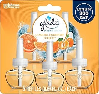 Glade PlugIns Refills Air Freshener,Coastal Sunshine Citrus, Scented and Essential Oils for Home and Bathroom, 0.67 Fl Oz, 5 Count