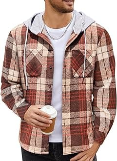 COOFANDYMen's Flannel Hoodie Plaid Shirt Long Sleeve Button Down Casual Shirt Jacket Lightweight Fall Shacket