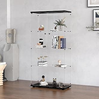 Modern 64.5'' Contemporary 4-Shelf Case Glass Display Cabinet in Clear with Two Door, Curio Cabinet Collection Display Case, Floor Standing Bookshelf for Living Room Bedroom Home Office