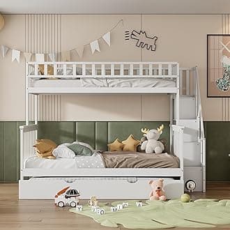 BTM 3FT,4FT6 Bunk Bed with Stairs and Trundle, Solid Pine Wood Frame, Children Bed,90x190cm+135x190cm, White