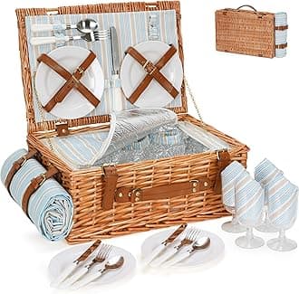 Wicker Picnic Basket Set for 4 Persons | Large Willow Hamper with Large Insulated Cooler Compartment, Waterproof Blanket and Cutlery Service Kit-Classical Brown
