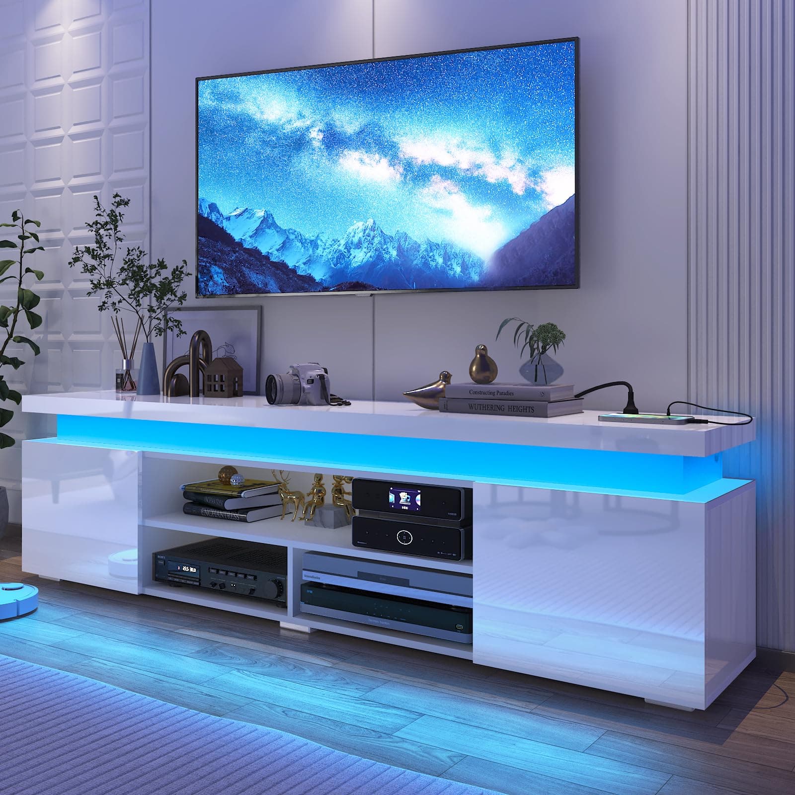 LED TV Stand for 85 Inch TV, Modern TV Stand with Power Outlet, High Gloss TV Console Entertainment Center with Storage and LED Lights for Living Room, Bedroom (73 Inch, White)