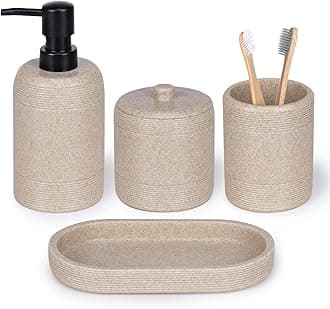 Haturi Beige Bathroom Accessories Set, 4 Pcs Stone Style Lotion Dispenser, Toothbrush Holder, Qtip Holder, Vanity Tray for Countertop Organization – Elegant Modern Neutral Bathroom Decor