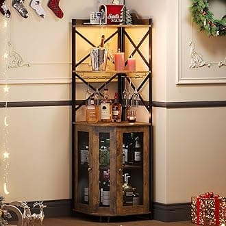 JKsmart Corner Bar Cabinet with LED Lights, 5-Tier Industrial Wine Bar Cabinet with Glass Holder, Farmhouse Liquor Cabinets with Shelf and Door, Home Bar for Coffee Bars, Rustic Brown