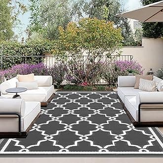 OutdoorLines Outdoor Reversible Rugs for Patio 4x6 ft - Outside Plastic Carpet, Stain & UV Resistant Portable RV Mat, Straw Rug for Camping, Backyard, Deck, Picnic, Porch Moroccan Gray & White