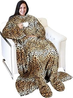 Catalonia Wearable Fleece Blanket with Sleeves and Foot Pockets for Adult Women Men, Micro Plush Comfy Wrap Sleeved Throw Blanket Robe Large, Cheetah