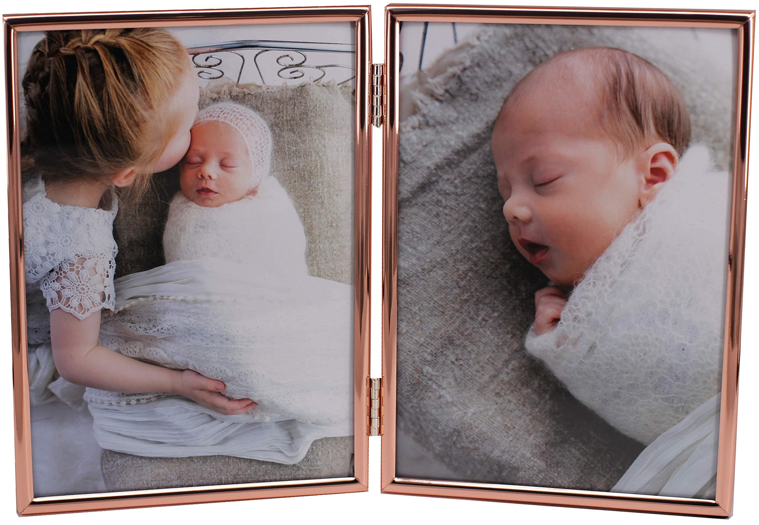 LEADEX Concise Hinged Double Picture Frame, Silver Plated,Standing Vertical,5 by 7 Inch,Best For Home Or Office Table Decor (rose gold)