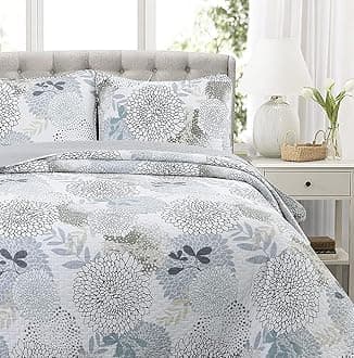 Nina Trista Flowers Aqua Blue Tape Grey Floral Print 100% Cotton Reversible Quilt Bedding Set, Bedspread Coverlet (Aqua Blue, Queen - 3 Piece)