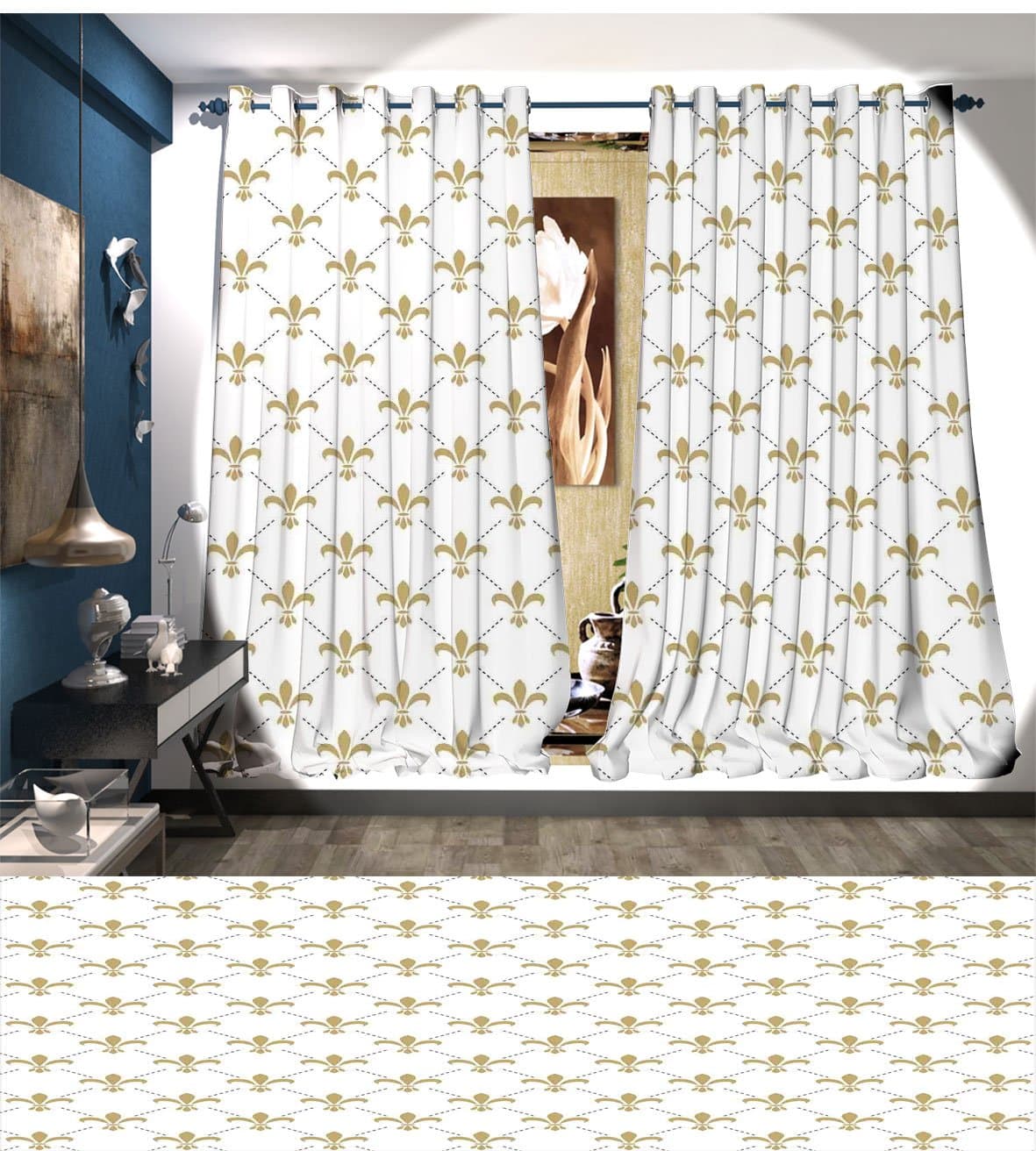 Fleur De Lis Patterned Drape For Glass Door Fleur De Lis Pattern Vintage Stylized Lily Flower Royal Symbol Artistic Design Waterproof Window Curtain White Gold