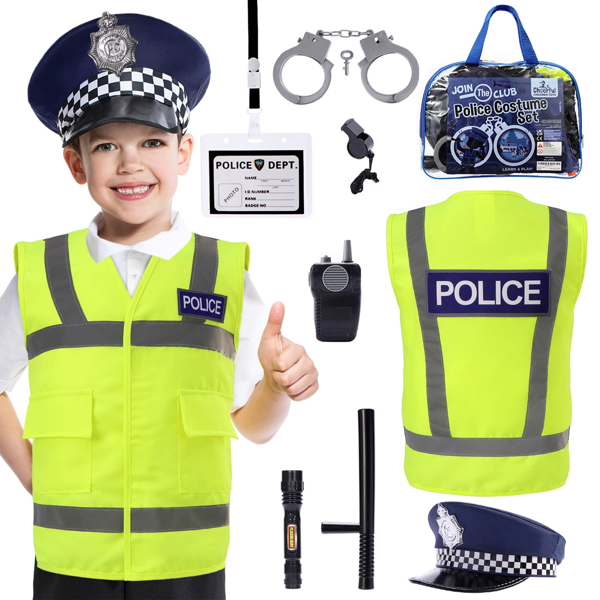 Kids Police Costume - 10 Pcs Police Officer Outfit Dress Up - Ideal for Boys & Girls Aged 3-7 - Include Vest & Hat - Kids Fancy Dress for Roleplay, Halloween, & STEM Learning