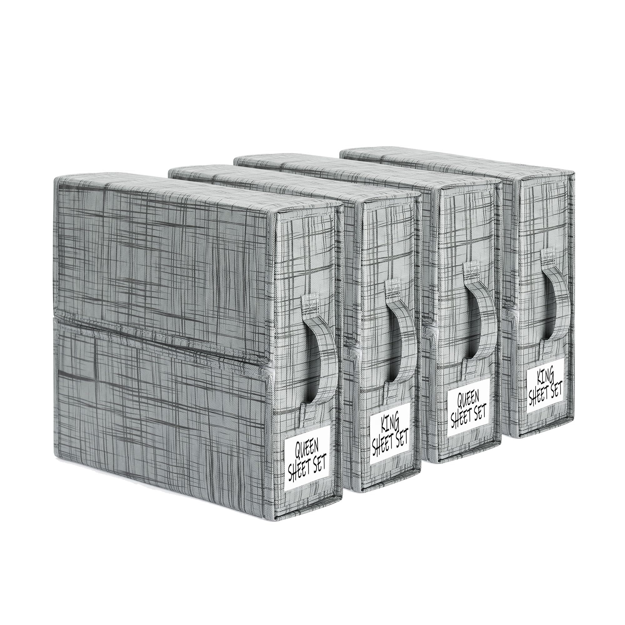 SUOCO Sheet Cube Bed Sheet Set Organizer 4 Pack (Queen or King Size) Foldable Storage Box Duvet Cover Set Linen Closet Organizer for Bedding, Clothing, Blanket, Grey