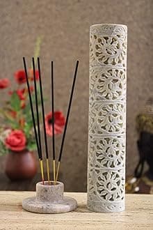 KC KULLICRAFT Handcrafted Soapstone Marble Work Incense Holder Tea Light Candle Holder Diffuser Agarbaati Stands (Free 6 Incense Sticks Lavender Fragnance)(Round Floral)