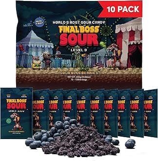 Final Boss Sour Candy, Sour Blueberries, 10 Pack, Level 3, Fruit Chews with Real Dried Fruit, No Artificial Colors or Flavors, Low Calorie Snack for Kids, Teens, Adults, Lunch Boxes