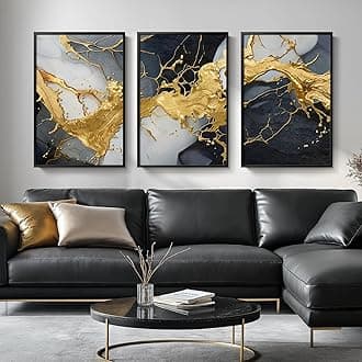 Framed Black and White Gold Abstract Wall Art for Living Room, 3 Piece Large Canvas Paintings Prints Artwork for Walls, Modern Wall Art Pictures for Entryway Hallway Office Wall Decor Total 30x60 Inch