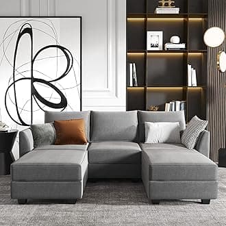 HONBAY Modular Sectional Sofa with Double Chaises U Shaped Modular Sofa for Living Room Sectional Couch with Reversible Ottomans, Grey