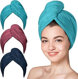 Hicober Microfiber Hair Towel, Hair Towel Wrap Turbans for Women,Hair Drying Towel Wrap Hair Accessories for Women Girls-Plum,Navy,Aqua Green,3Packs, 25.59 * 9.84 * 0.59inch